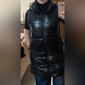Zara long glossy black hooded puffer vest